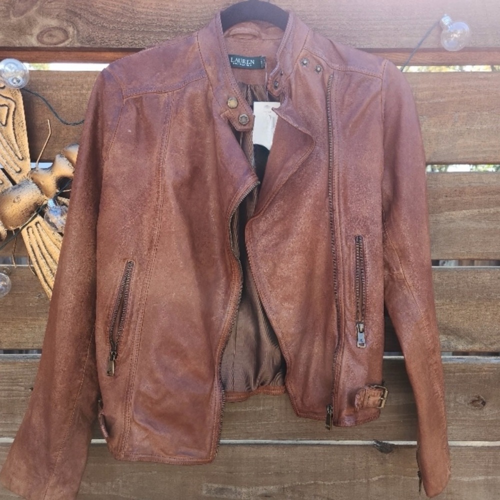 NWT Lauren Ralph Lauren Chestnut Brown Leather Moto Jacket SZ: 6